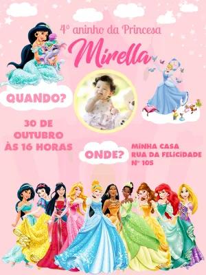Convite Aniversário Princesas Disney com Foto para Editar Online