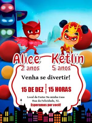 Convite Aniversário Duplo PJ Masks para Editar Online
