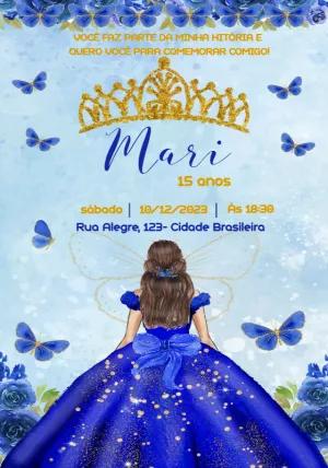 Convite 15 Anos Princesa Borboletas Azul para Editar Online