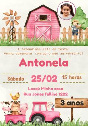 Convite Aniversário Fazendinha Rosa com Foto para Editar