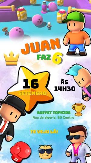 Convite Aniversário Stumble Guys com Personagens para Editar