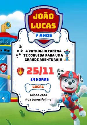 Convite Aniversário Patrulha Canina Marshall para Editar Online