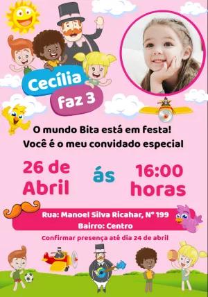 Convite de Aniversário Mundo Bita com Foto para Editar Online