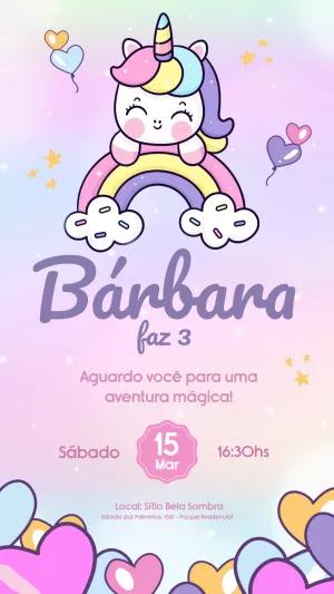 Convite de Aniversário Unicórnio Fofo para Editar Online