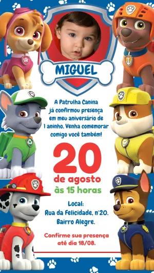 Convite Aniversário Patrulha Canina com Foto para Editar Online