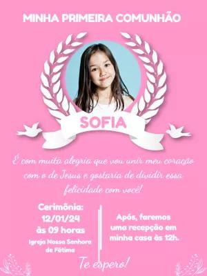 Convite de Primeira Comunhão Rosa com Foto para Editar Online