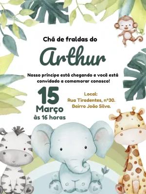 Convite Chá de Bebê Safari com Animais Fofos para Editar Online