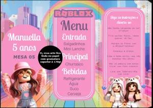 Menu de Aniversário Roblox Rosa para Editar e Imprimir