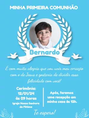 Convite Primeira Comunhão Azul com Foto para Editar Online