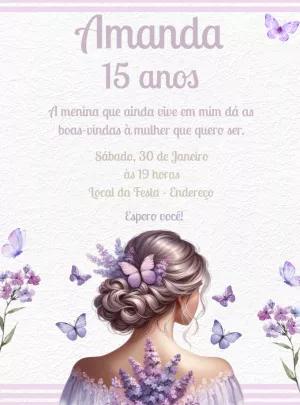 Convite 15 anos Lilás com Borboletas para Editar Online