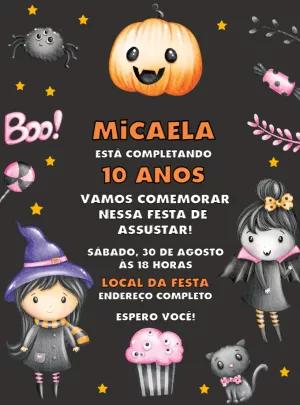 Convite Aniversário Halloween Fofo com Personagens para Editar