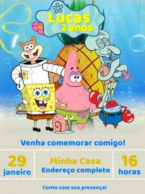 Convite Aniversário Bob Esponja com a Turma para Editar Online