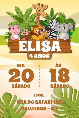 Convite de Aniversário Safari com Animais para Editar Online