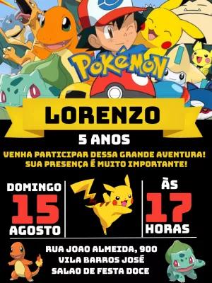 Convite de Aniversário Pokémon com Personagens para Editar