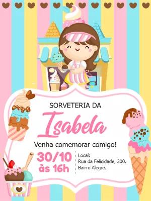 Convite Aniversário Sorveteria Menina para Editar Online