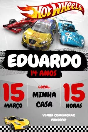 Convite de Aniversário Hot Wheels com Carros de Corrida para Editar