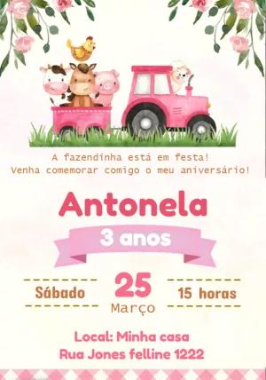 Convite Aniversário Fazendinha Rosa com Animais para Editar