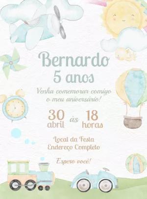 Convite Aniversário Meios de Transporte Aquarela para Editar