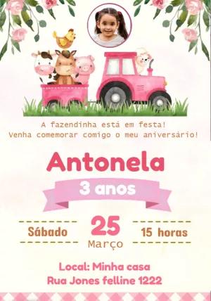 Convite Aniversário Fazendinha Rosa com Foto para Editar Online