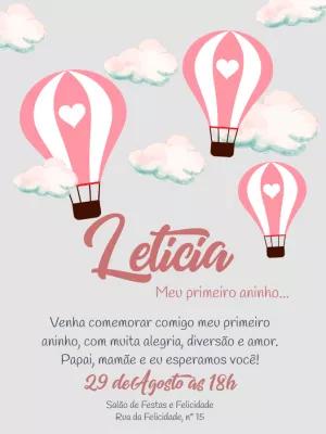 Convite de Aniversário Balão Rosa para Editar Online