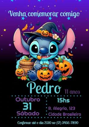 Convite Aniversário Halloween do Stitch para Editar Online