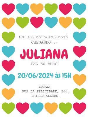 Convite de Aniversário Corações Coloridos para Editar Online