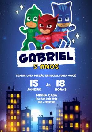 Convite de Aniversário PJ Masks com Heróis para Editar Online