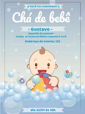 Convite Chá de Bebê Menino Azul com Bolhas para Editar Online