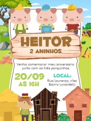 Convite Aniversário Três Porquinhos para Editar Online
