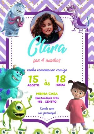 Convite Aniversário Monstros SA Menina com Foto para Editar