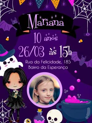 Convite Aniversário Wandinha Addams com Foto para Editar Online