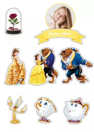 Topo de Bolo A Bela e a Fera com Personagens para Editar