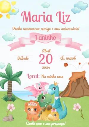 Convite Aniversário Dinossauro Baby Menina para Editar Online