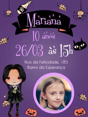Convite Aniversário Wandinha Addams com Foto para Editar Online