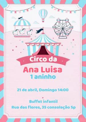 Convite de Aniversário Circo Rosa e Azul para Editar Online