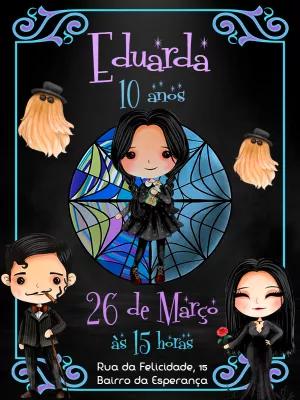 Convite de Aniversário Wandinha Addams com Personagens para Editar