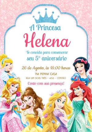 Convite Aniversário Princesas Disney Glitter para Editar Online