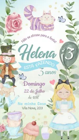 Convite de Aniversário Alice no País das Maravilhas Aquarela Editável
