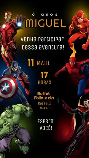 Convite de Aniversário Super-Heróis Vingadores Modelo Editável