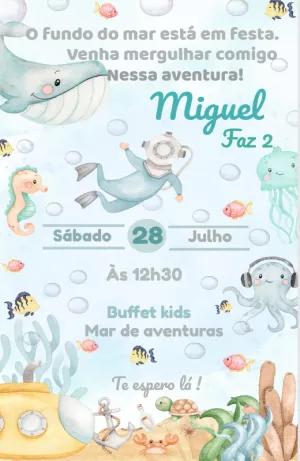 Convite de Aniversário Fundo do Mar com Animais para Editar