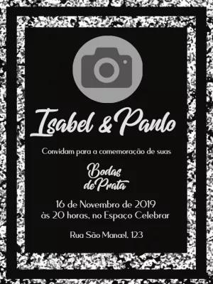 Convite Bodas de Prata com Foto Preto e Prata para Editar
