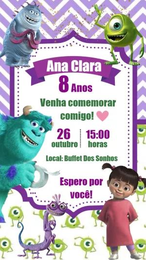 Convite Aniversário Monstros SA Menina para Editar Online