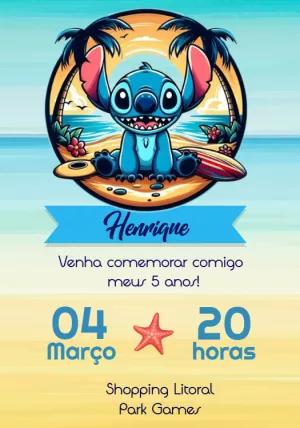 Convite de Aniversário Stitch Praia Tropical para Editar Online