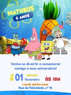 Convite Aniversário Bob Esponja com Amigos para Editar Online