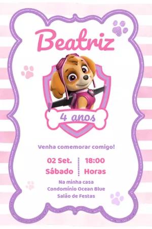 Convite Aniversário Patrulha Canina Rosa para Editar Online