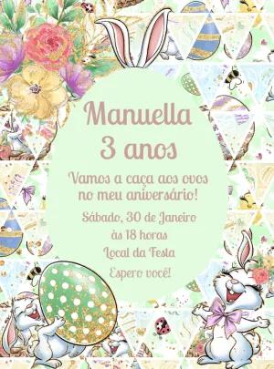 Convite Aniversário Páscoa com Coelhinhos para Editar Online