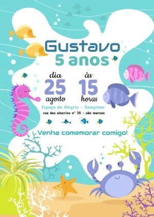 Convite Aniversário Fundo do Mar com Animais para Editar Online