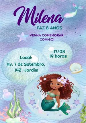 Convite Aniversário Pequena Sereia Negra para Editar Online