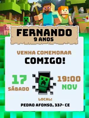 Convite de Aniversário Minecraft com Personagens para Editar
