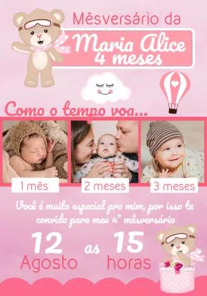 Convite Mêsversário Ursinha Baloeira com Foto para Editar